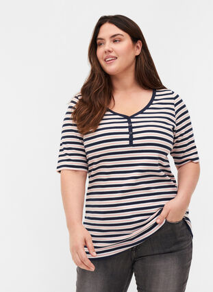 T-shirt côtelé rayé en coton, Blue Rose Stripe, Model image number 0