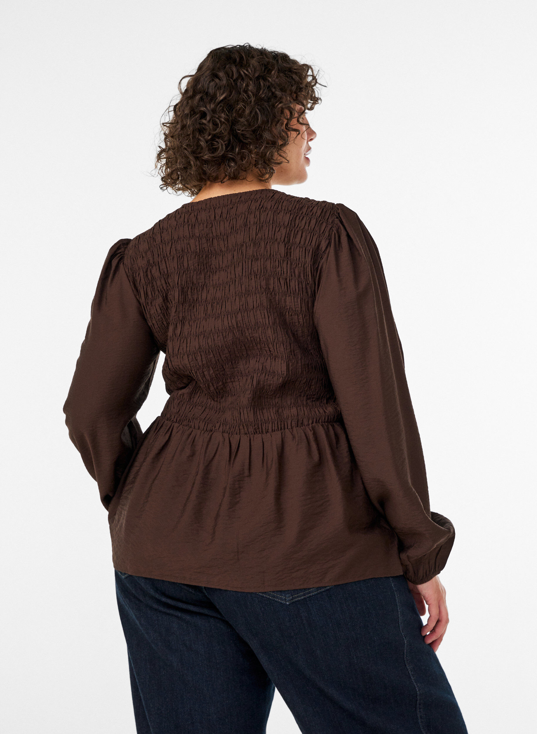 ZizziBlouse met smock en lange mouwen, Bruin, Model image number 2