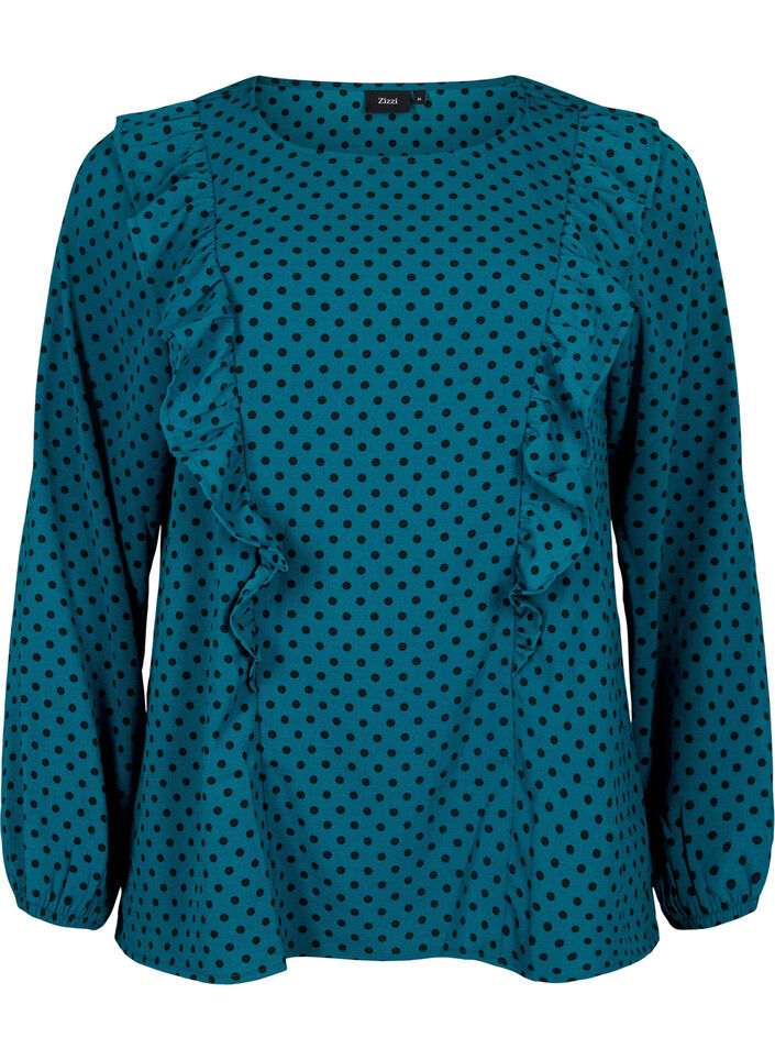 Blouse met lange mouwen en ruches, Shaded Spruce Dot, Packshot image number 0