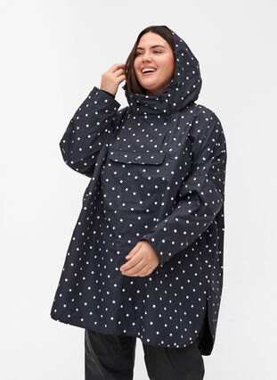 Poncho de pluie avec capuche et imprimé, Black w/ white dots, Model image number 0