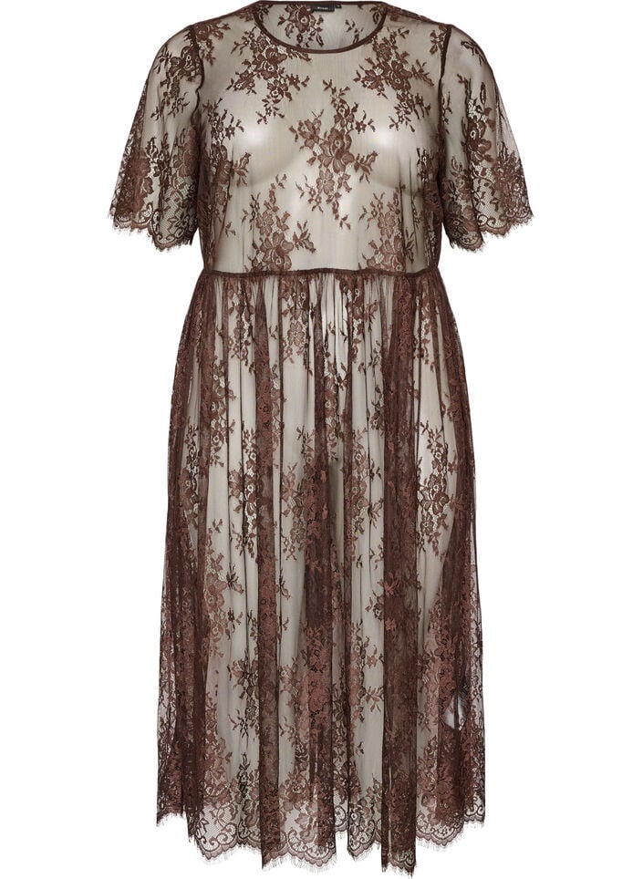 Robe mi-longue en dentelle transparente &agrave; manches courtes, Marron, Packshot image number 0