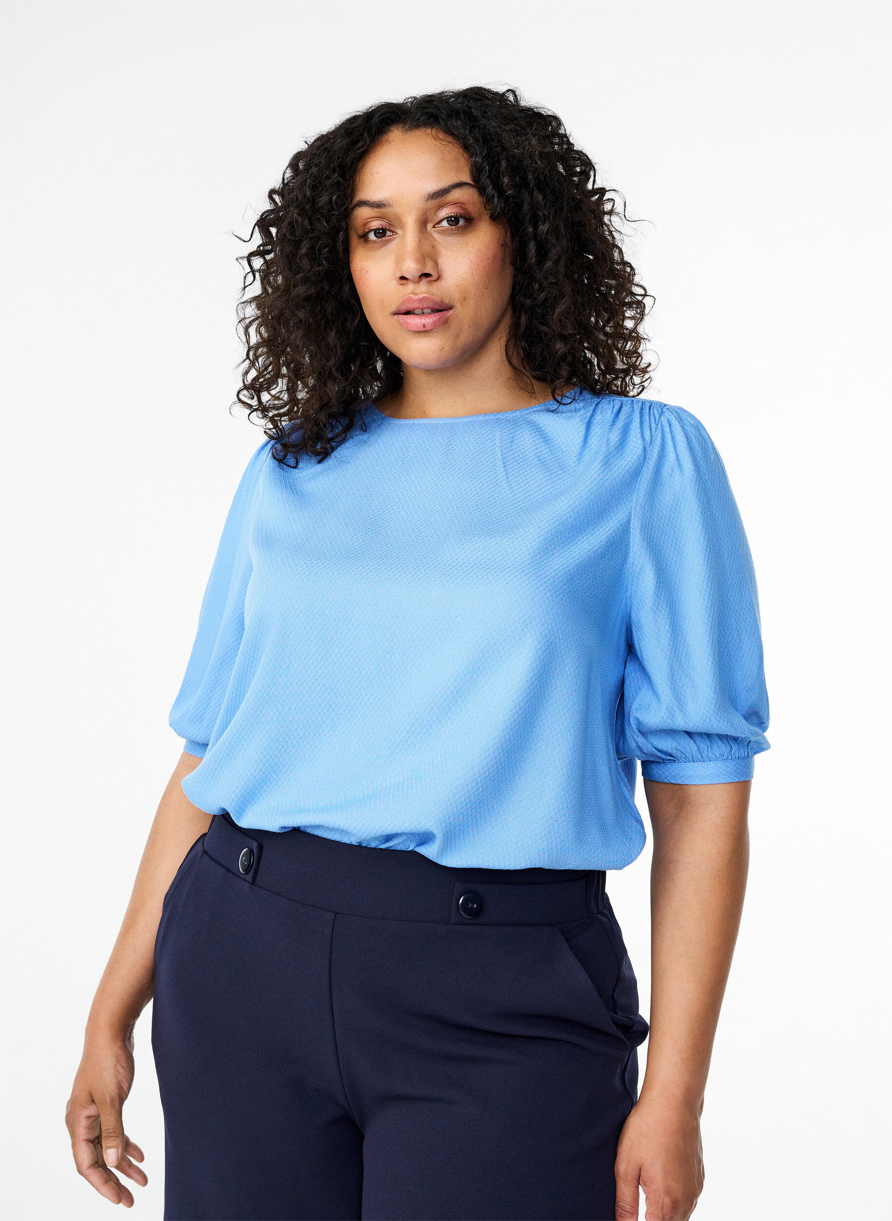ZizziBlouse van viscose met halflange mouwen, Cornflower Blue, Model image number 0