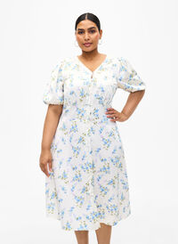 Satijnen jurk met pofmouwen en bloemenprint, Off White Blue Fl., Model
