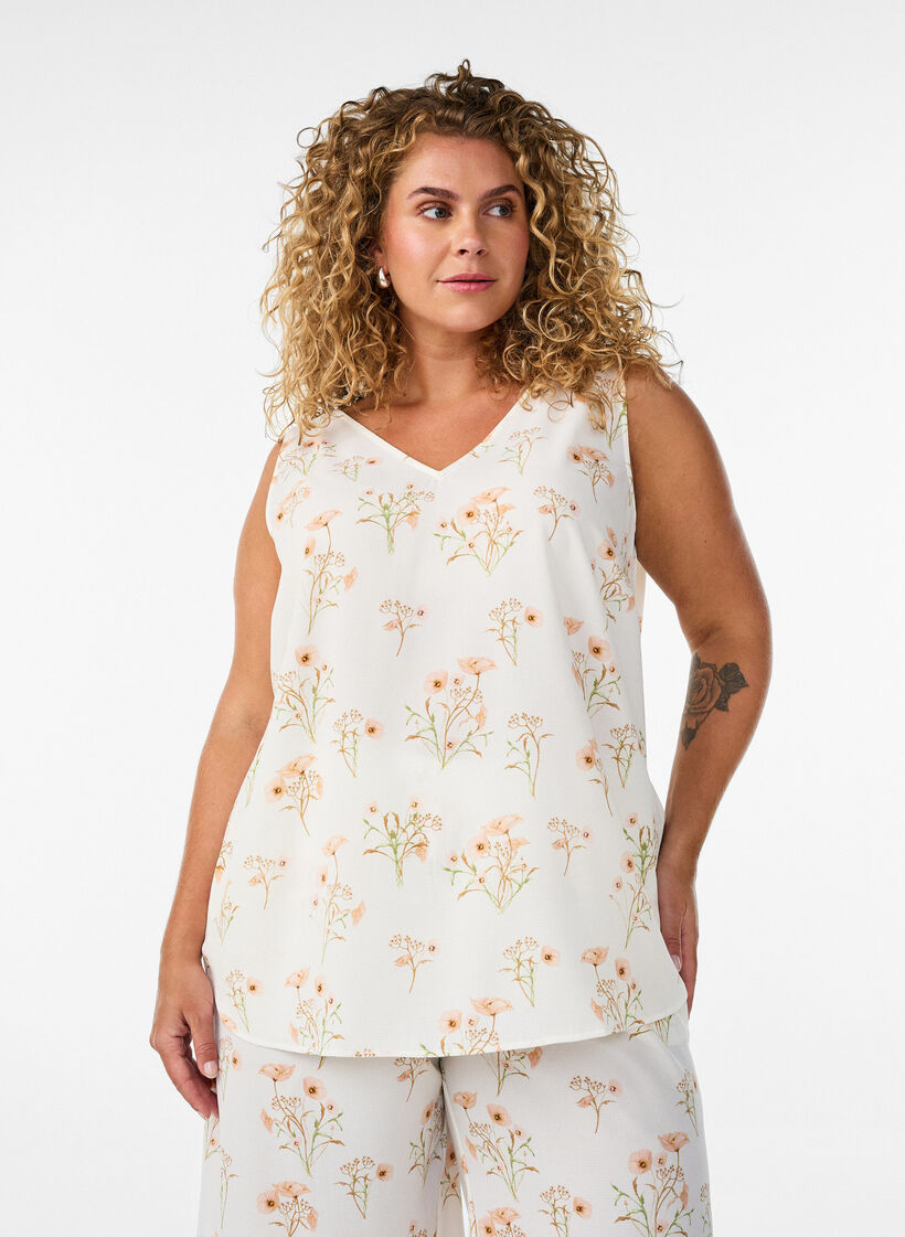 Haut imprim&eacute; avec col en V, Blanc, Model image number 0