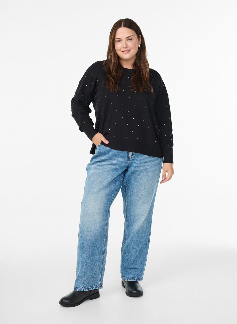 Blouse en maille lâche avec strass, Noir, Model image number 1