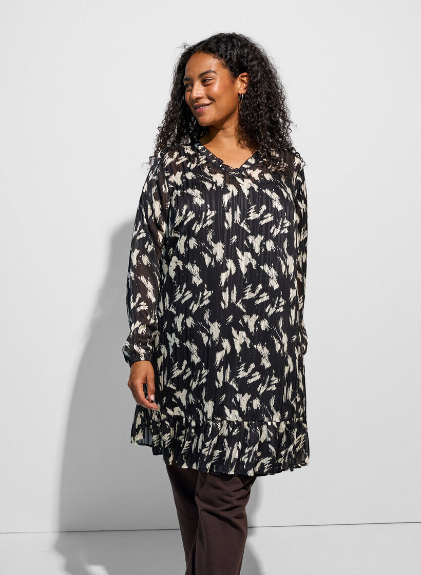Jurk met patroon, ruches en lange mouwen, Zwart, Model image number 3