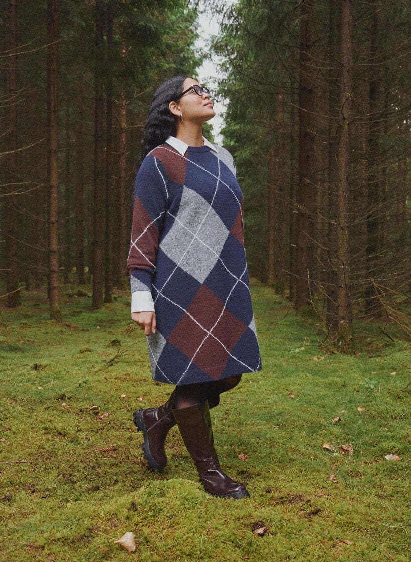 Gebreide jurk met groot ruitpatroon, Blauw, Image