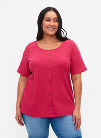 T-shirt à manches courtes en côtes avec boutons, Bright Rose, Model