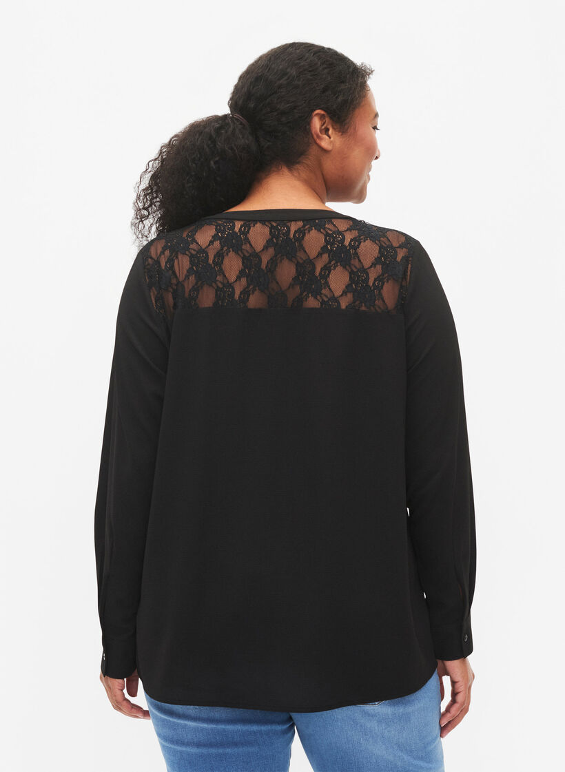 Blouse met lange mouwen en kanten detail , Black, Model image number 1