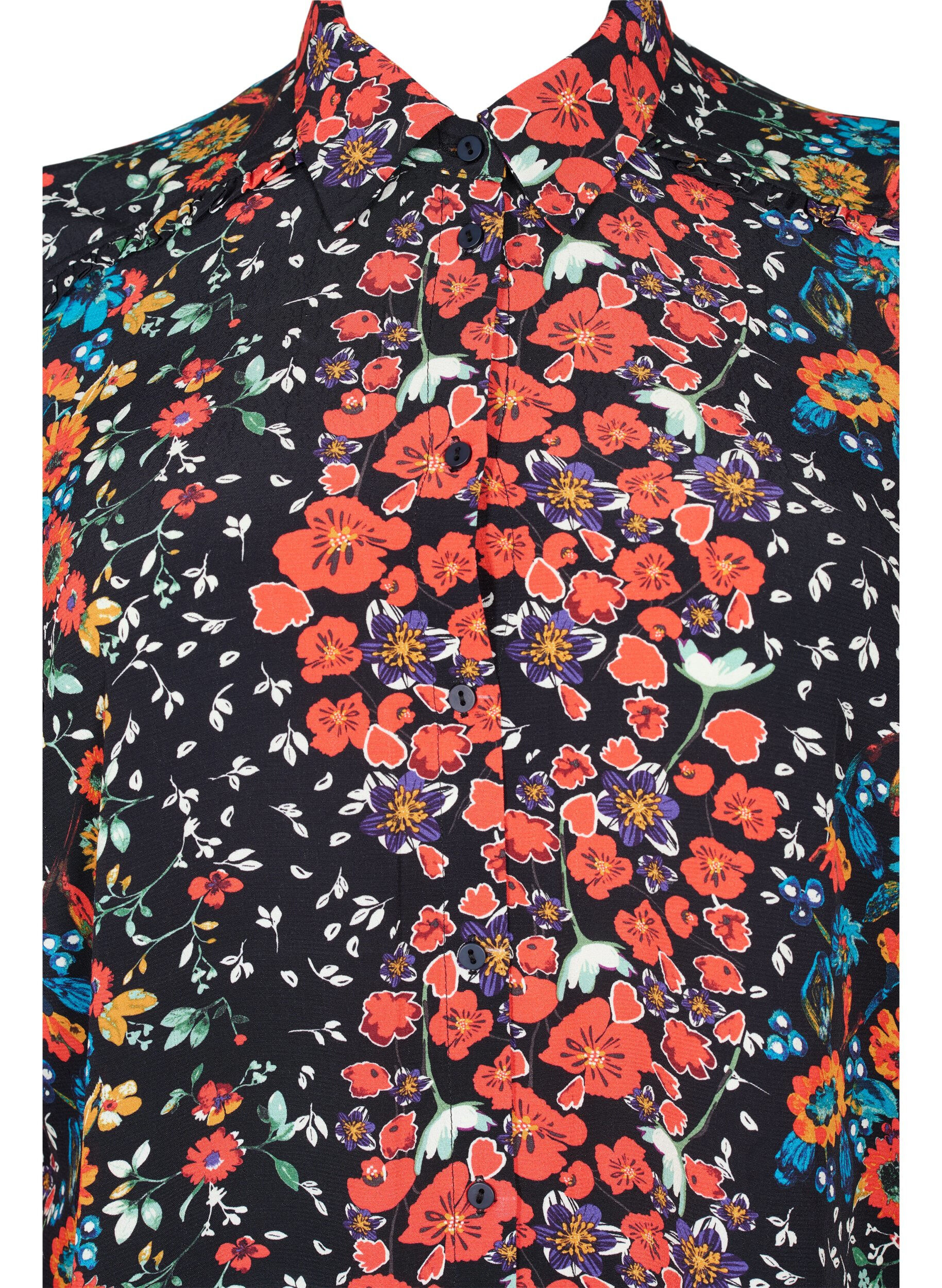 ZizziLang viscose overhemd met bloemenprint, Black Flower, Packshot image number 2