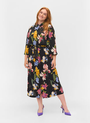 Midi-jurk met 3/4 mouwen en print, Big Flower AOP, Model image number 2