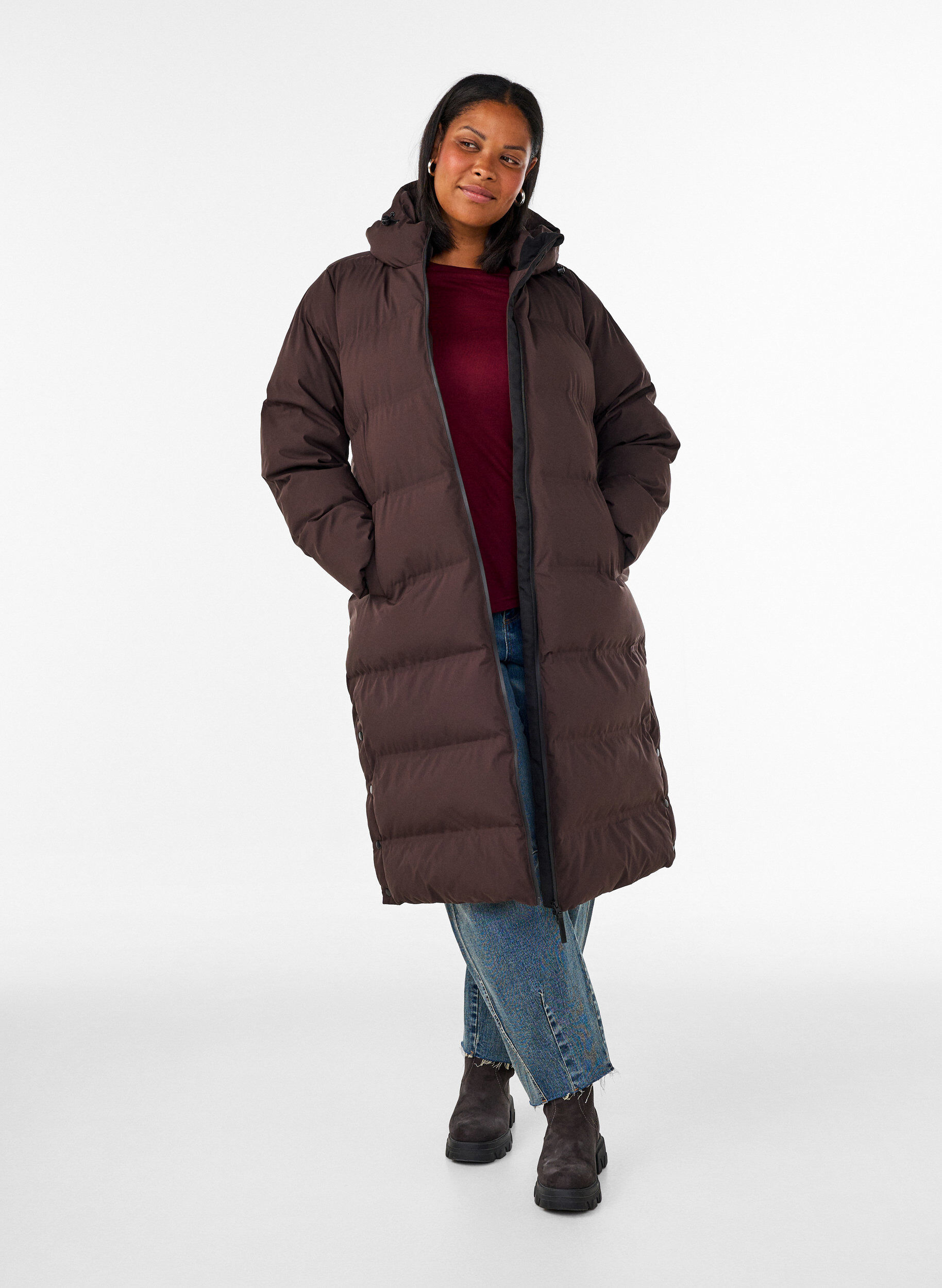 ZizziLange puffer winterjas met capuchon, Bruin, Model image number 1