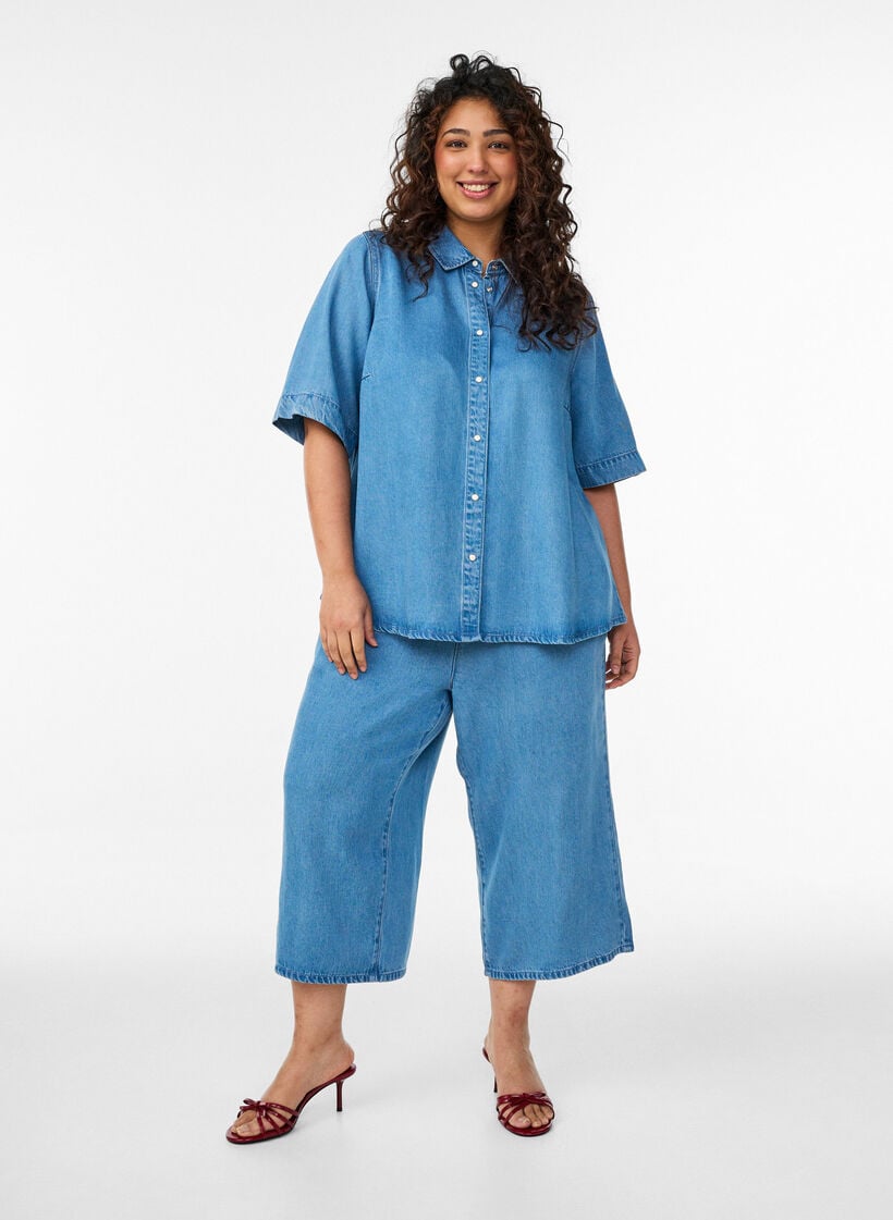 Lyocell culotte broek met wijde pijpen en denimlook, Blauw, Model image number 0