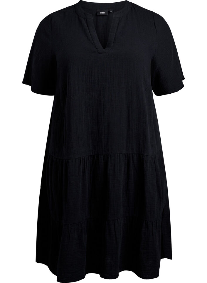 Robe courte &eacute;vas&eacute;e en mousseline de coton, Noir, Packshot image number 0