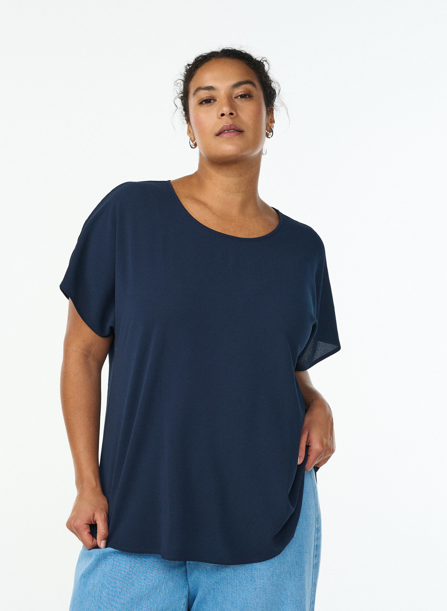 Top met korte mouwen en ronde hals, Blauw, Model
