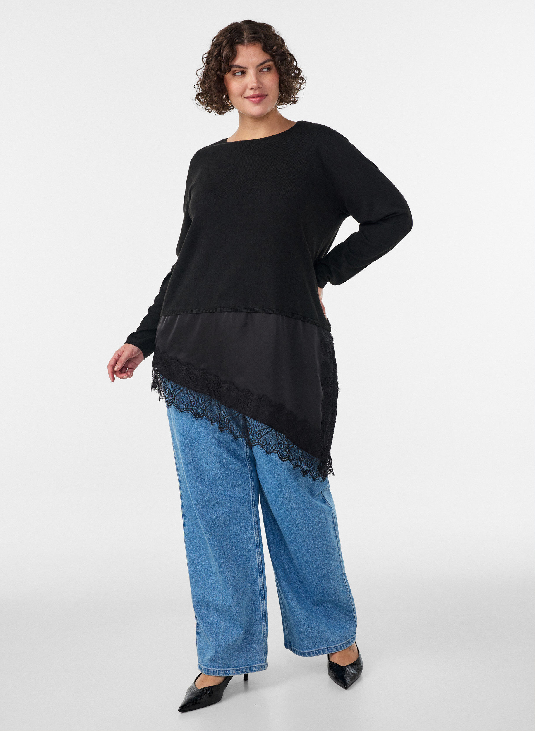 ZizziBlouse en maille &agrave; effet superpos&eacute; et bordure en dentelle, Noir, Model image number 1