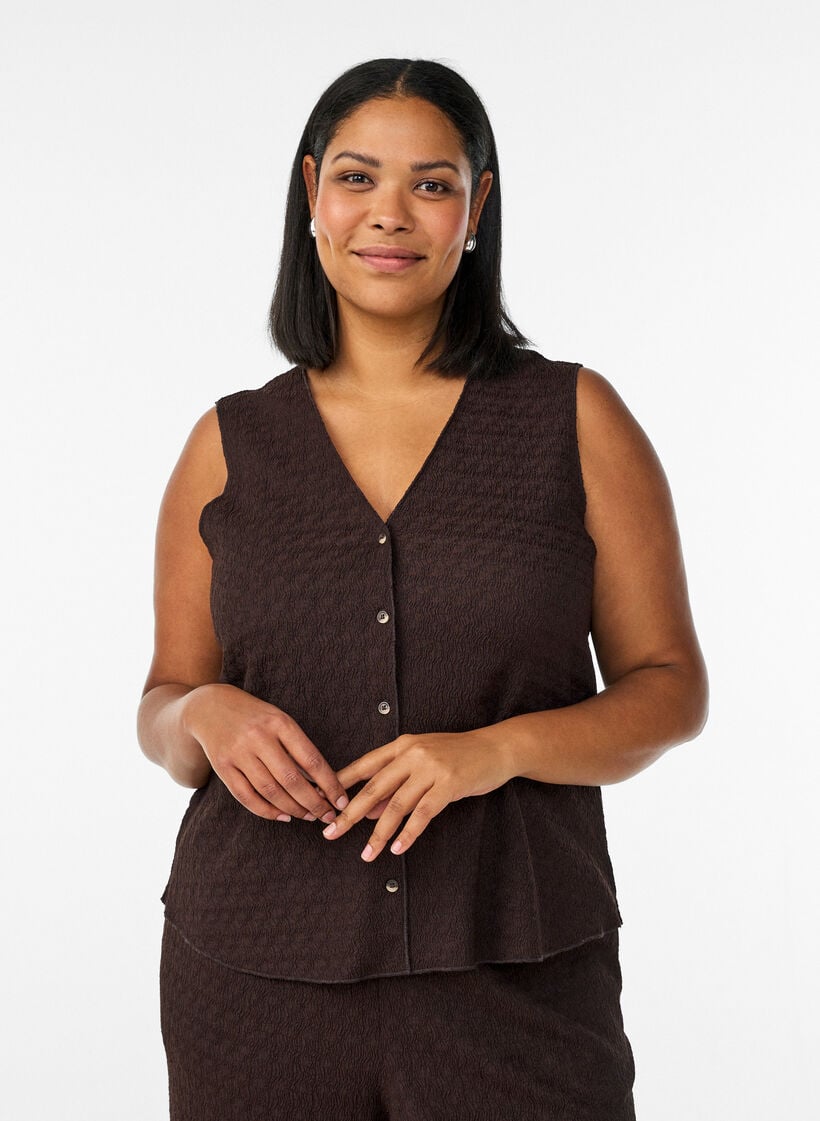 Top sans manches &agrave; texture ondul&eacute;e et fermeture boutonn&eacute;e, Marron, Model image number 0