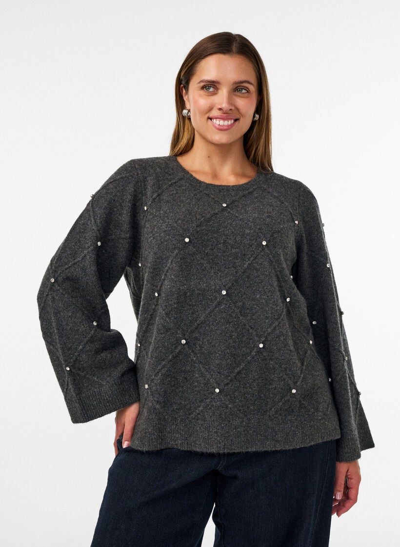 Blouse en maille avec strass et motif &agrave; losanges, Gris anthracite, Model image number 0