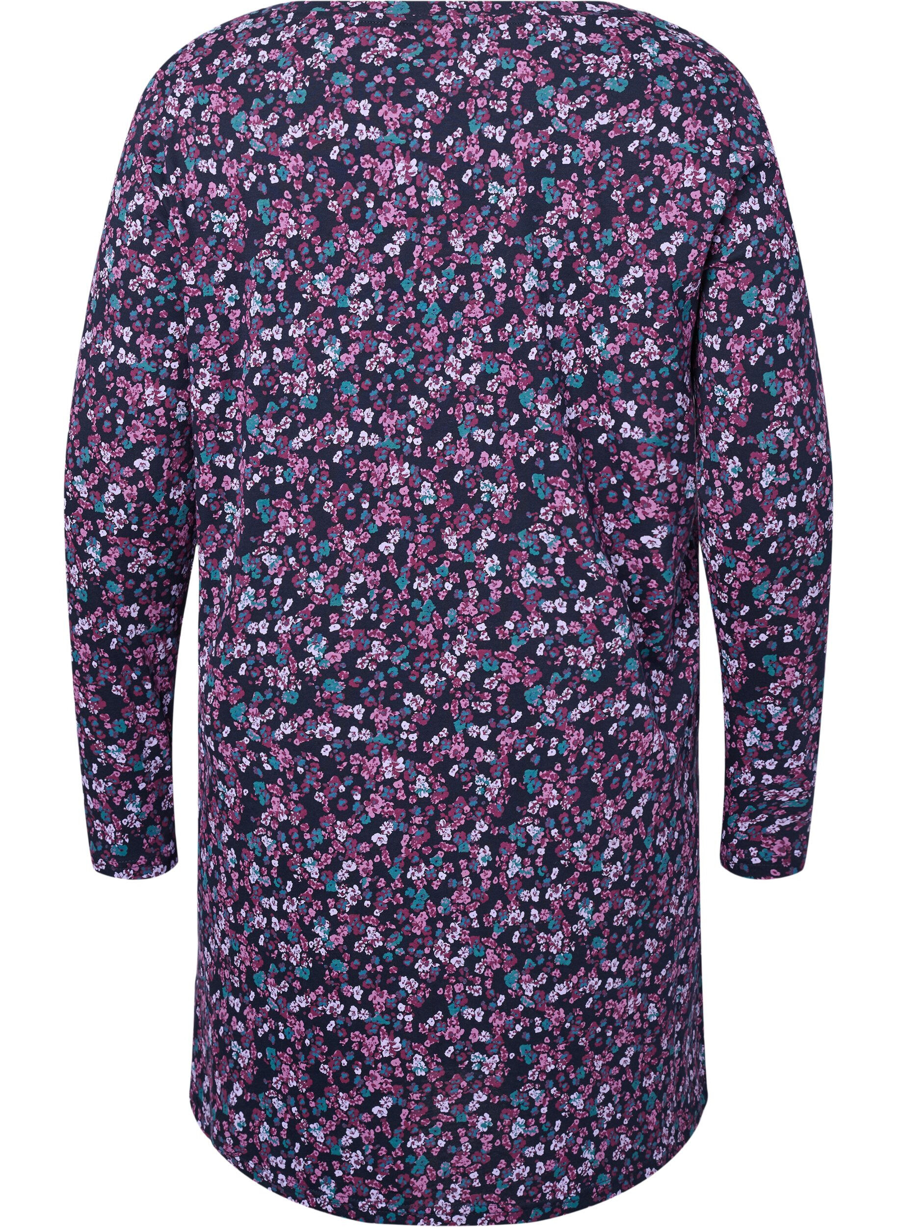 ZizziKatoenen nachtjapon met lange mouwen, Night Sky Disty AOP, Packshot image number 1