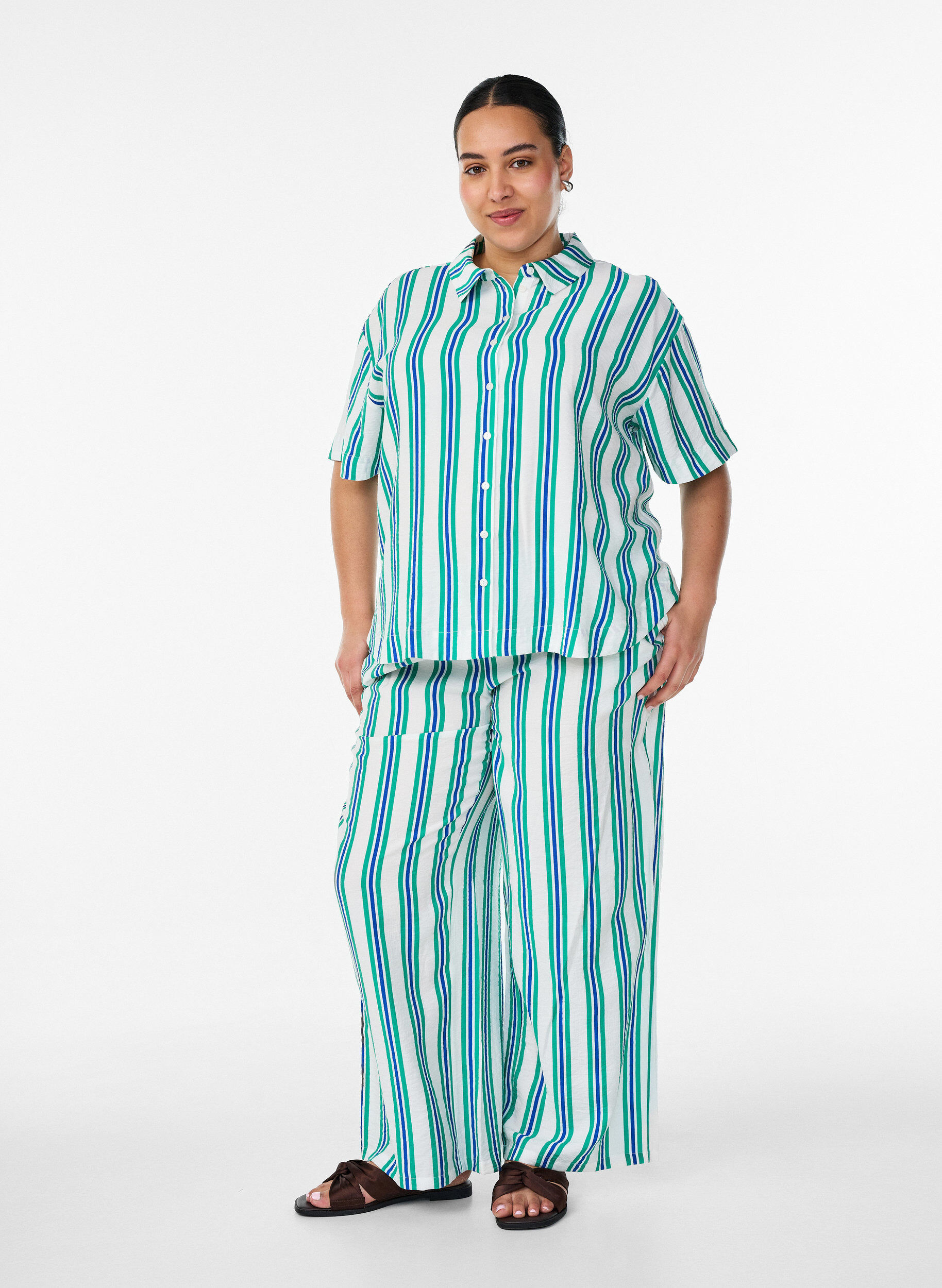 ZizziGestreepte broek met hoge taille en wijde pijpen, Vanille, Model image number 1