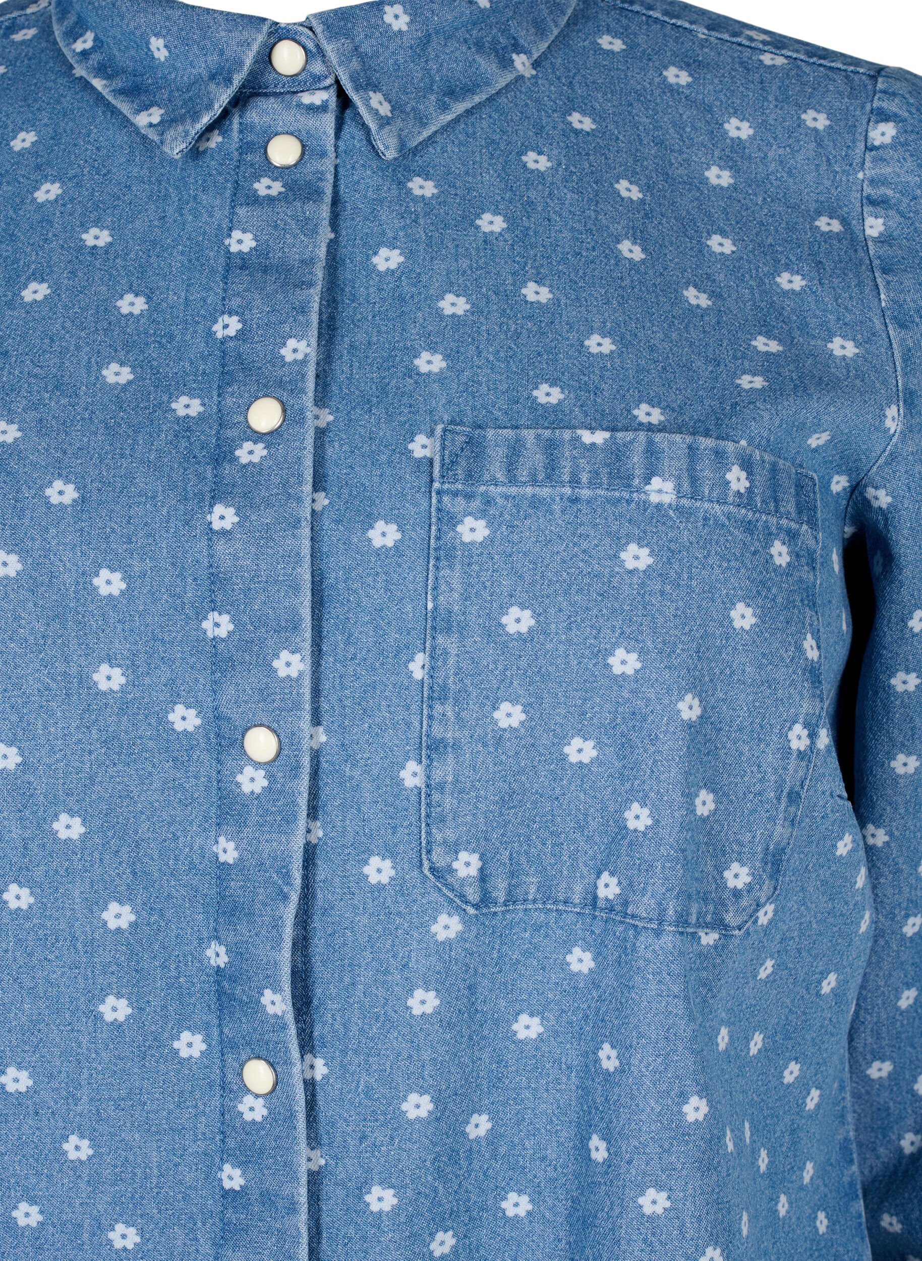 ZizziGebloemd denim overhemd met borstzak, Light Blue w.Flowers, Packshot image number 2