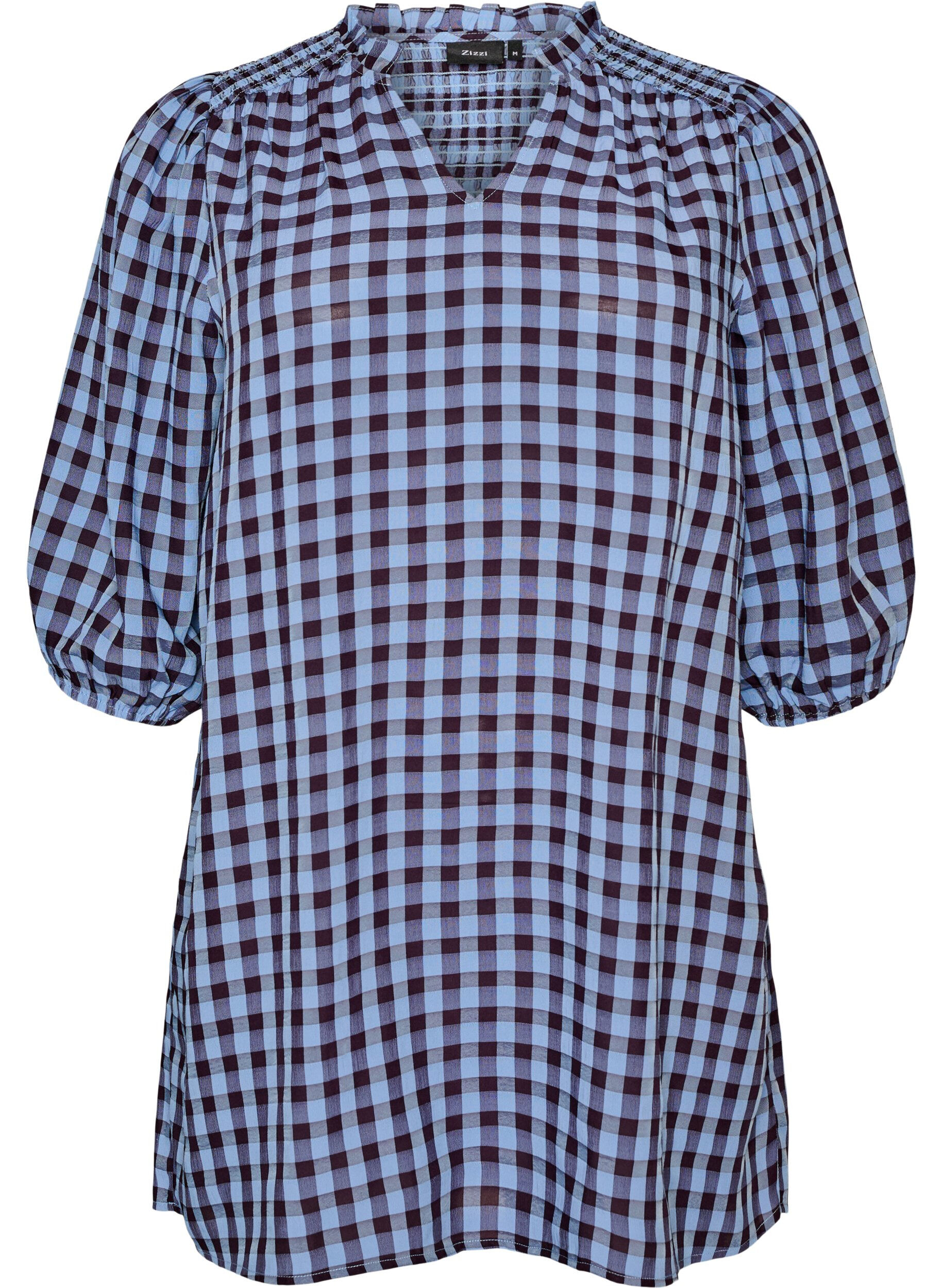 Tunic met ginghamruit en ruchekraag