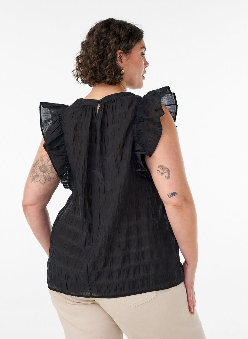 Blouse sans manches textur&eacute;e avec volants, Noir, Model image number 2