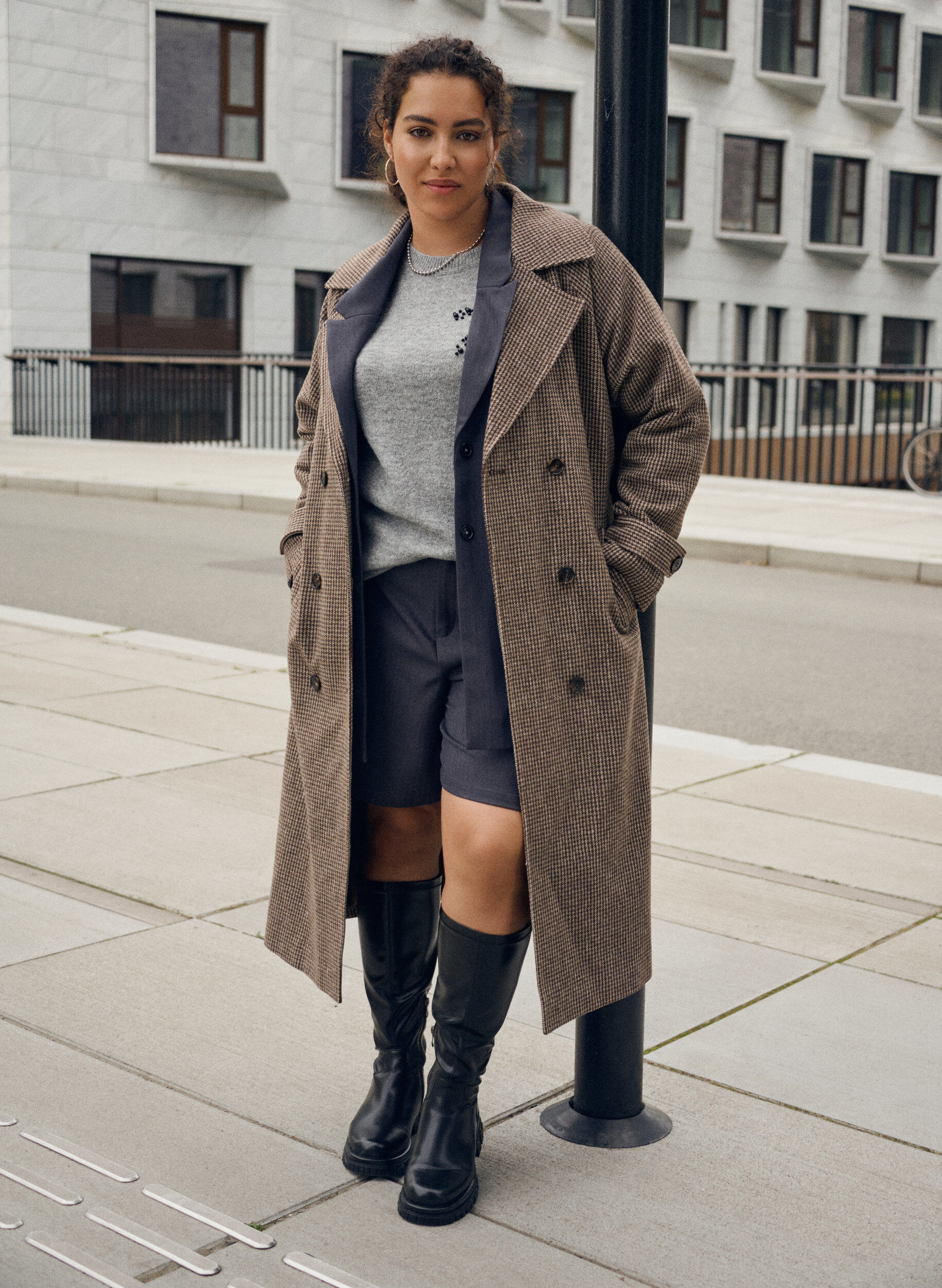 ZizziGeruite mantel met riem, Bruin, Image image number 0