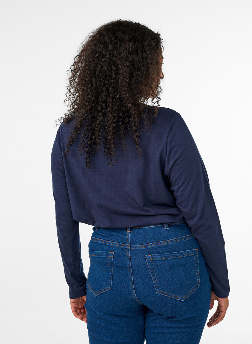 T-shirt met lange mouwen, V-hals en knopen, Blauw, Model image number 2