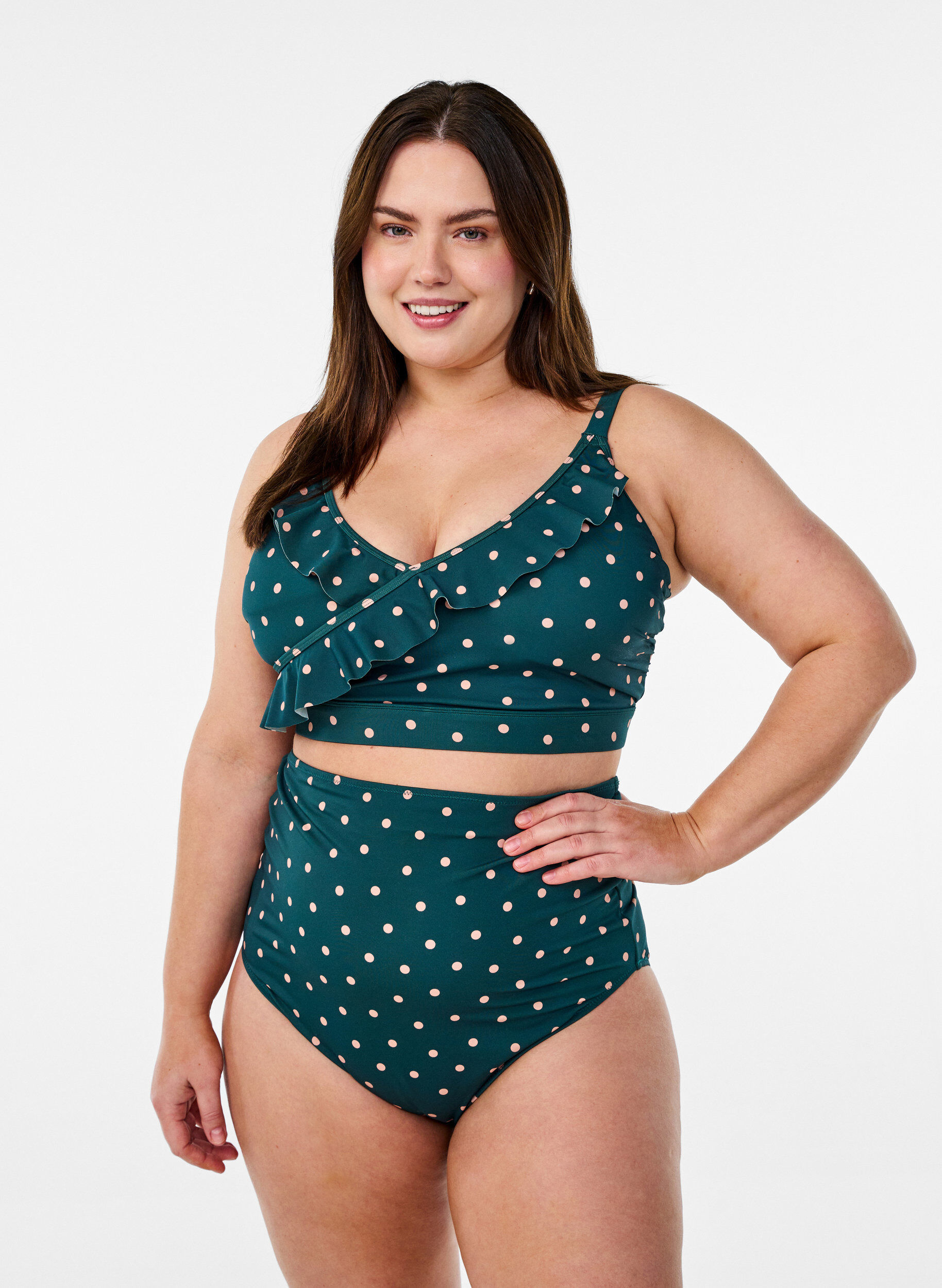 ZizziBikinitop met stippen en ruches, Groen, Model image number 1