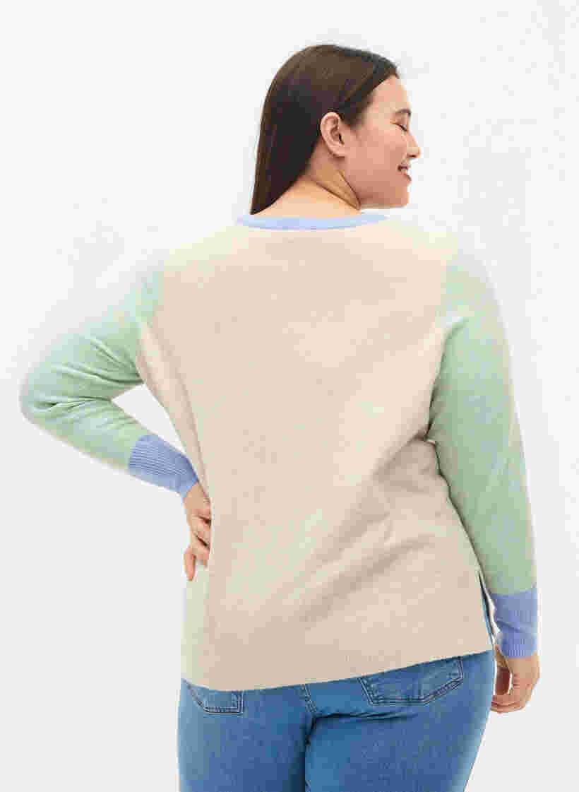 Gebreide blouse met colourblock en v-hals, Pumice Stone Mel.Com, Model image number 1
