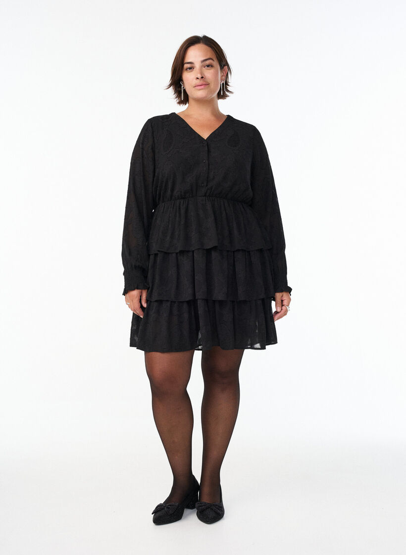 Robe courte &agrave; volants et motif textur&eacute;, Noir, Model image number 1