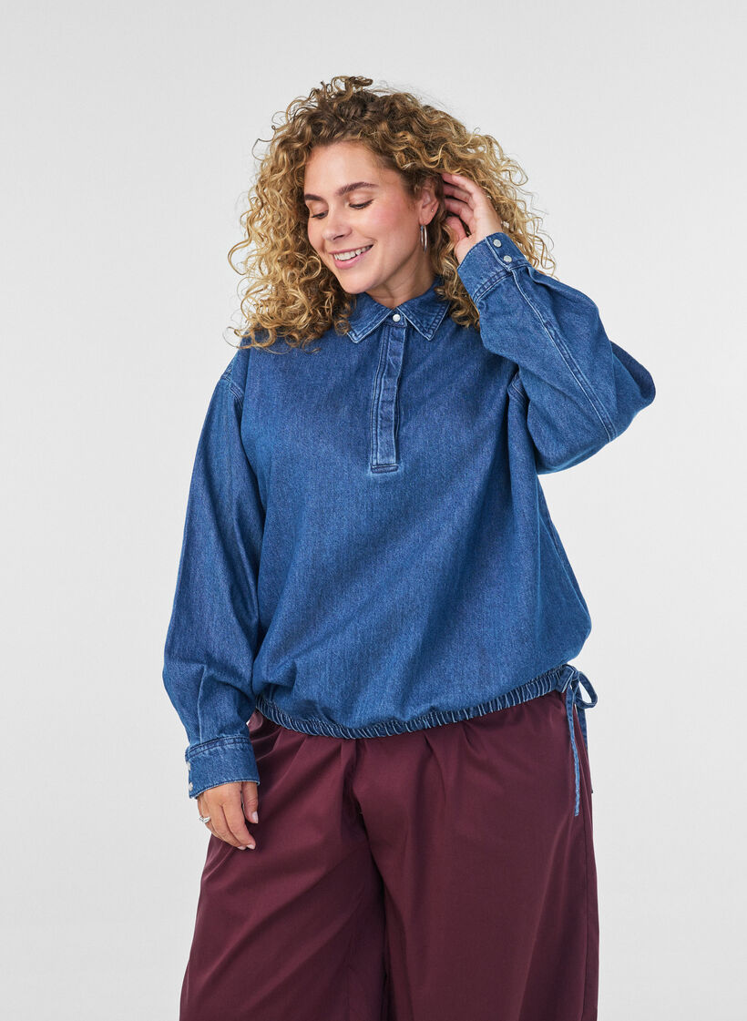 Blouse en jean coupe ballon, Bleu, Model