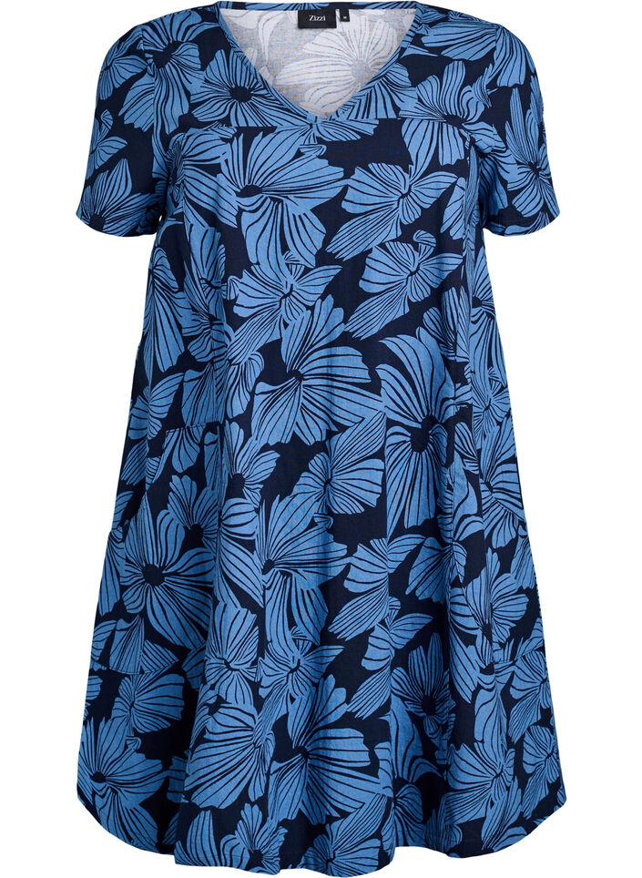 Korte a-lijn jurk met bloemenprint, Blauw, Packshot image number 0