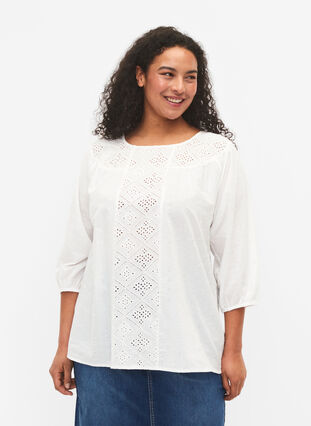 Blouse met broderie anglaise en 3/4 mouwen, Bright White, Model image number 0