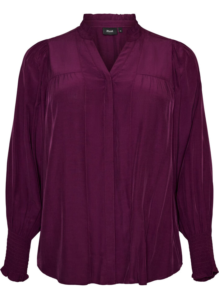 Blouse avec col &agrave; volants et fronces, Violet, Packshot image number 0