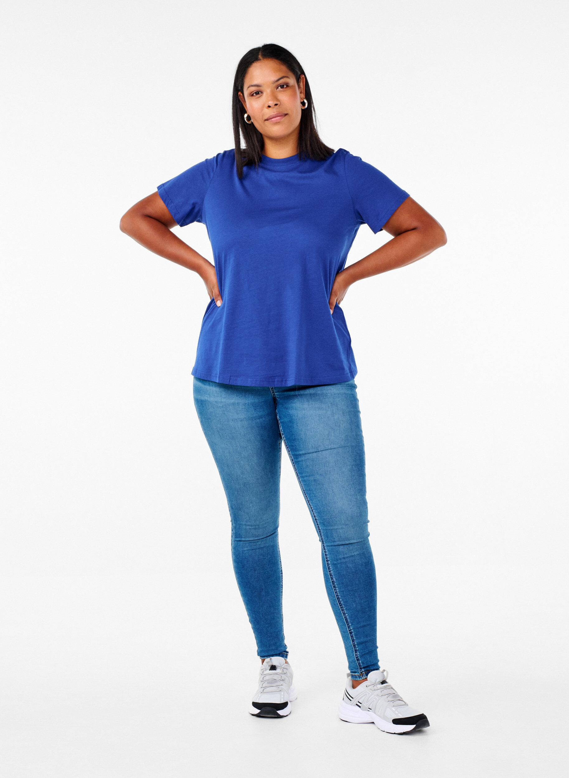 ZizziBasic katoenen T-shirt met ronde hals, Blauw, Model image number 1