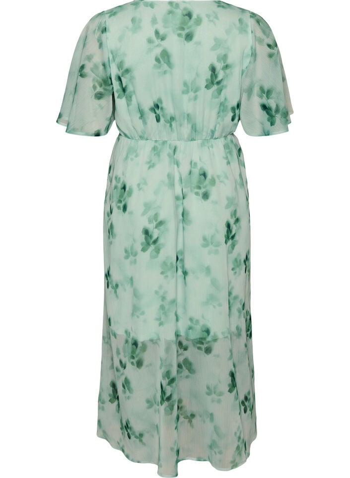 Robe longue en chiffon imprim&eacute; floral et manches courtes, Vert, Packshot image number 1