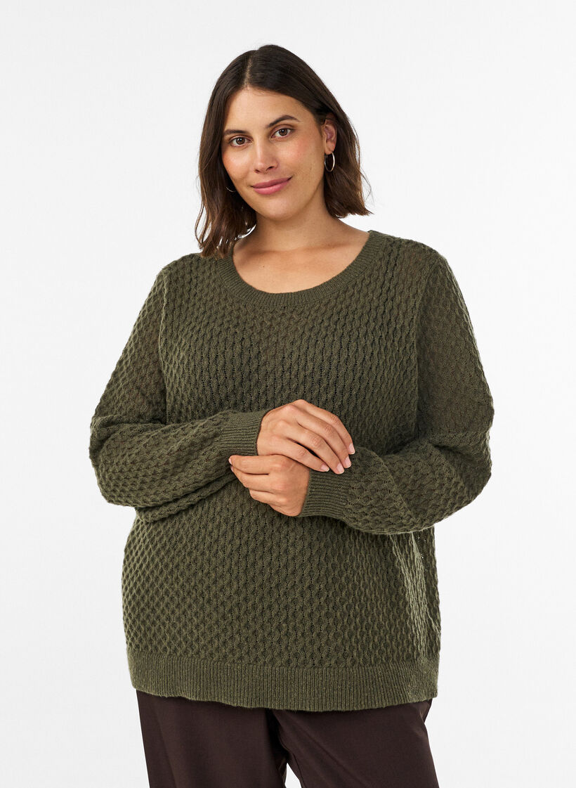 Gebreide blouse met een opengewerkt structuurpatroon, Groen, Model image number 0