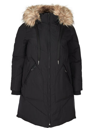 Manteau d'hiver avec capuche et bordure en fausse fourrure, Black, Packshot image number 0