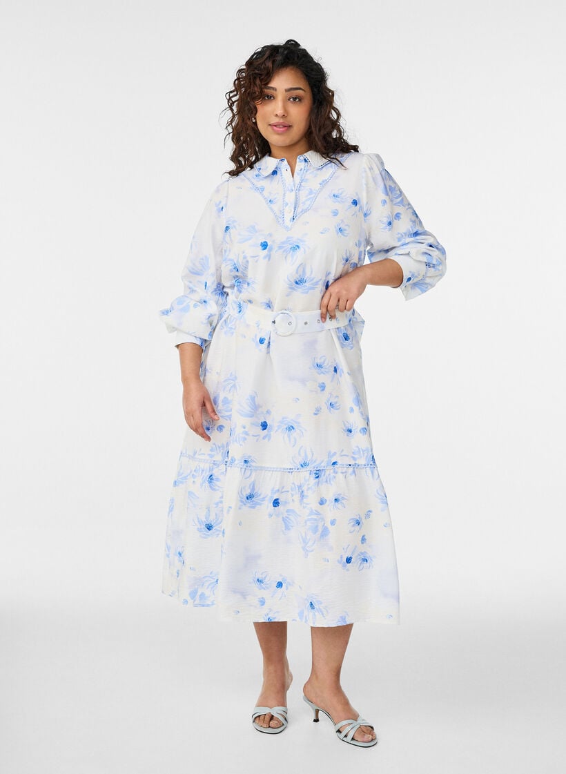 Robe midi fleurie avec ceinture et manches longues, Bleu Clair, Model image number 0