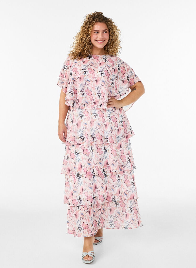 Robe maxi avec plusieurs couches de volants et cape amovible, Blanc, Model image number 0