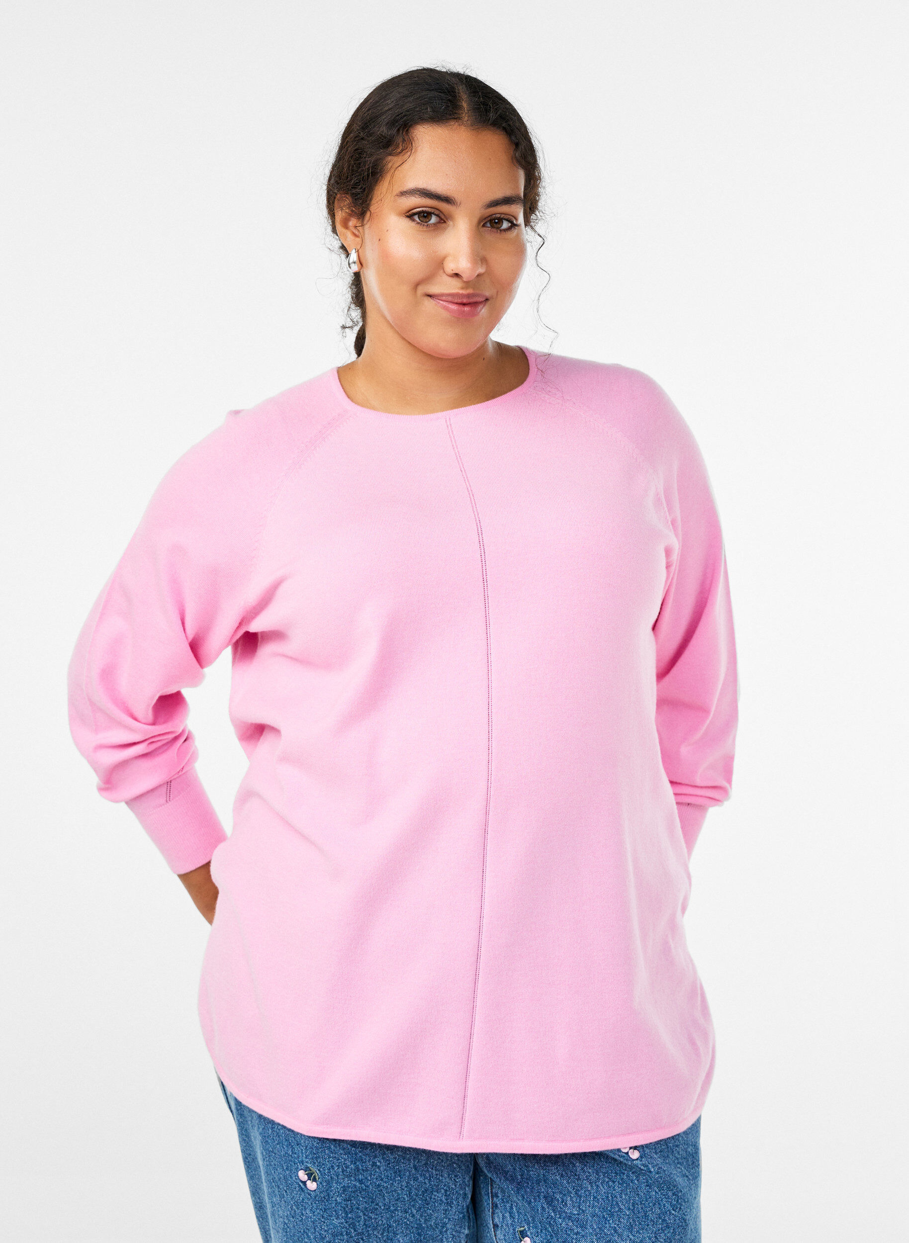 Gebreide blouse met ronde hals en gebreid patroon, Roze, Model