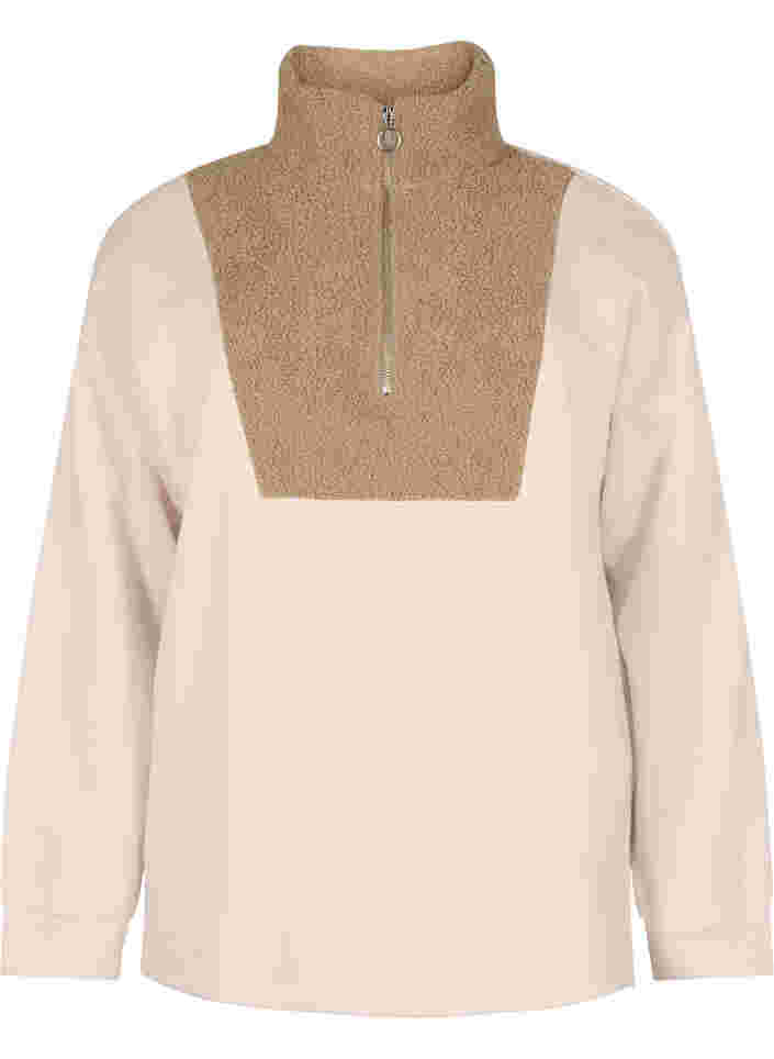Sweater met hoge hals, teddy stof en ritssluiting, Brown Comb, Packshot image number 0