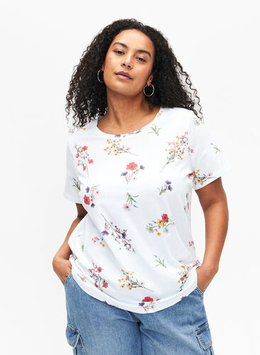 T-shirt en coton biologique avec imprimé floral, Bright W. AOP Flower, Model image number 0