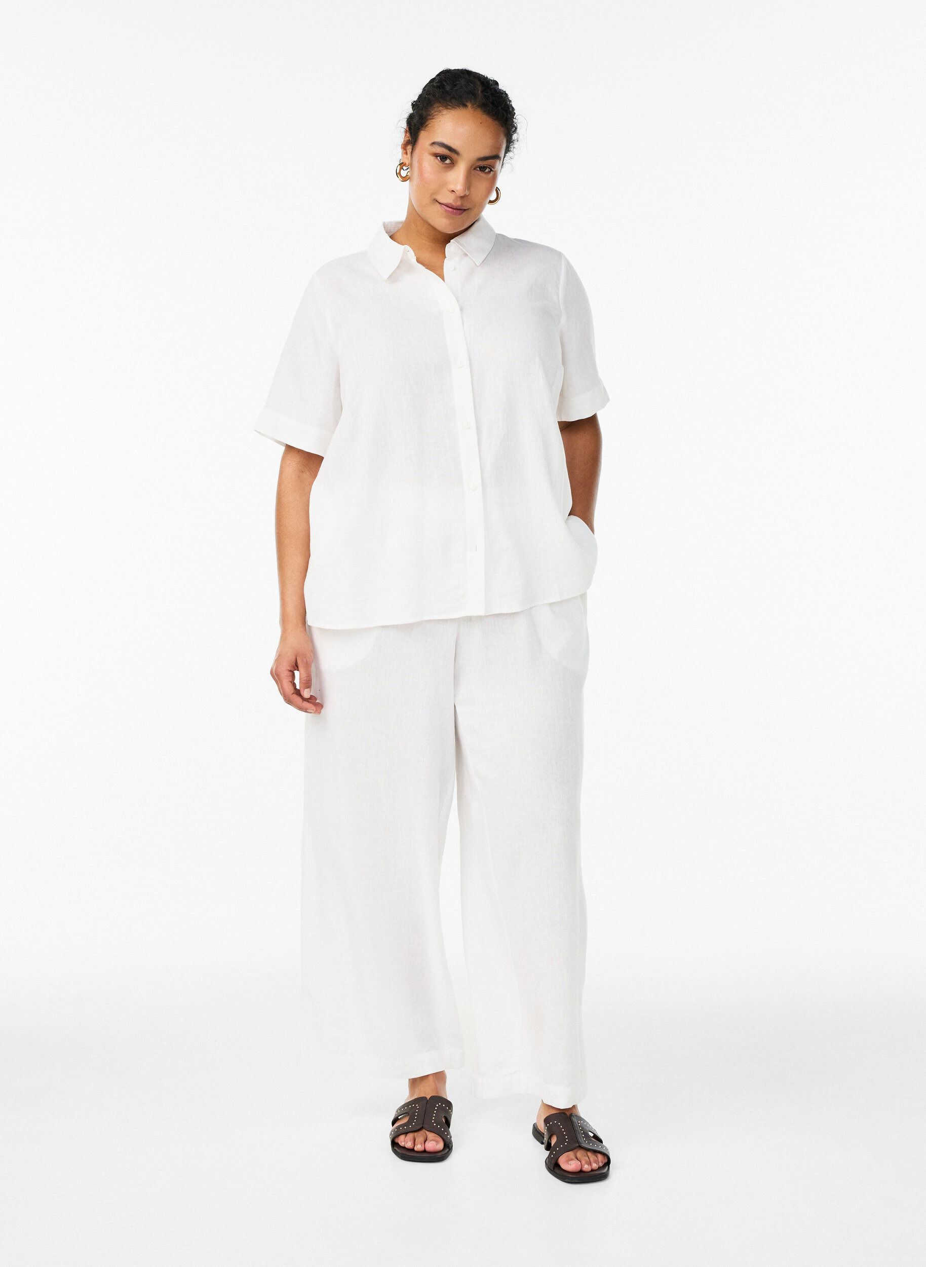 Pantalon large en lin et viscose, Blanc, Model