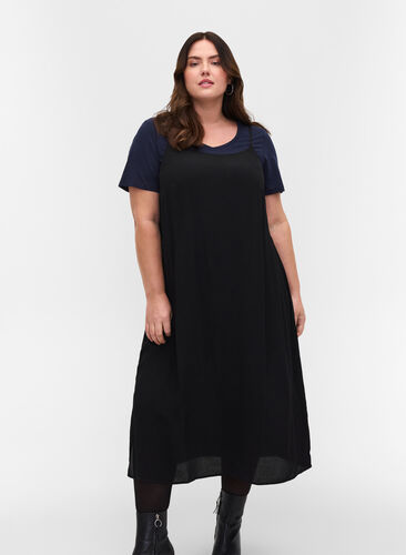 Midi-jurk in viscose met dunne bandjes, Black, Model image number 0