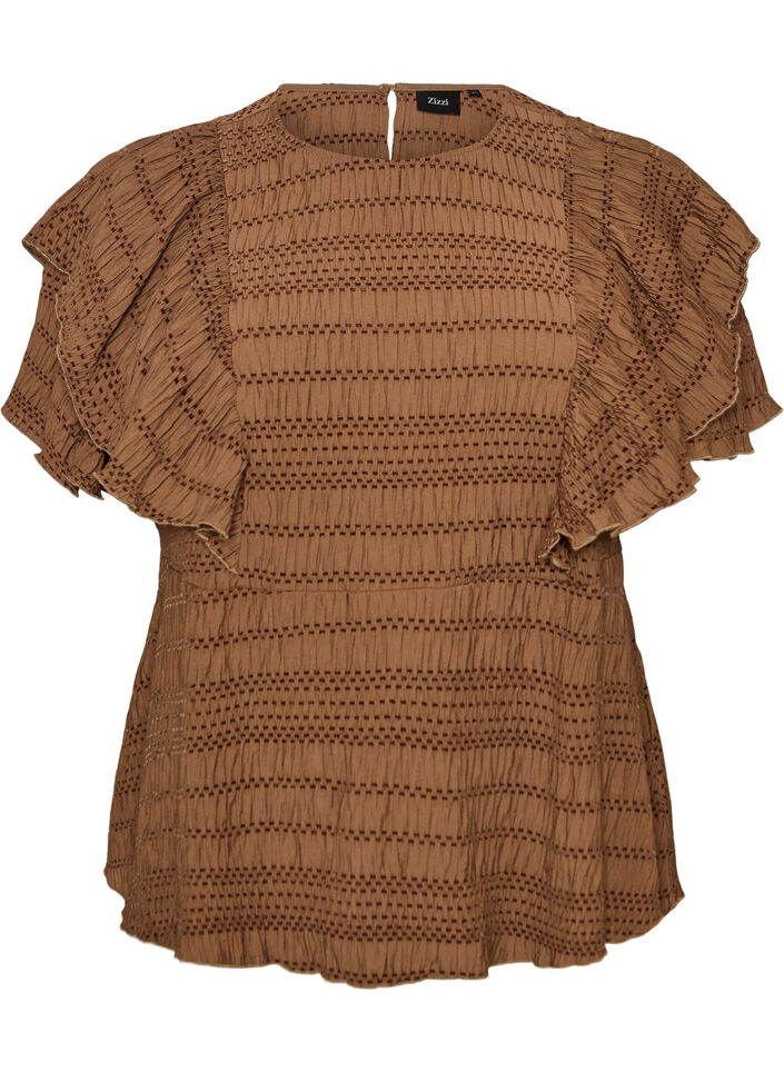 Blouse avec texture smock&eacute;e et manches &agrave; volants, Marron, Packshot image number 0