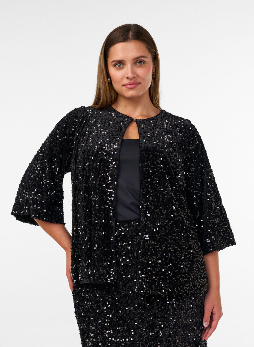 Cardigan avec sequins et manches 3/4, Noir, Model image number 0