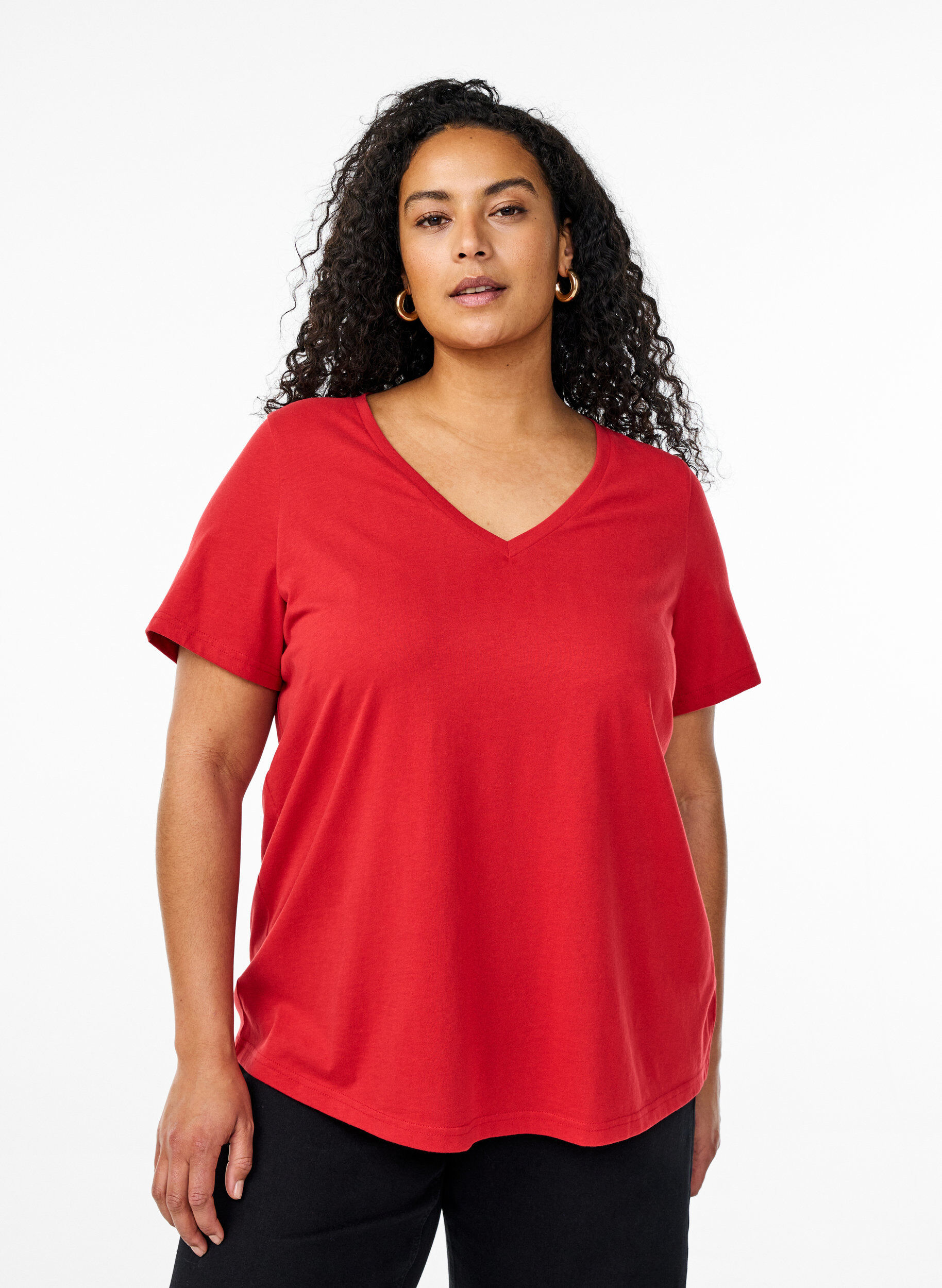 Zizzi FLASH - T-shirt col V, Rouge, Model image number 0
